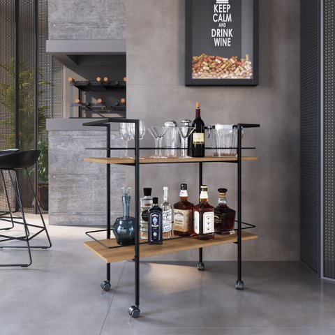 Carrinho para Bar Industrial 2 Nichos Preto/ Mel - Placa&ponto