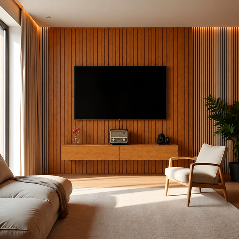 Rack Suspenso com Painel Ripado Moderno e Elegante 2 Gavetas:Naturale