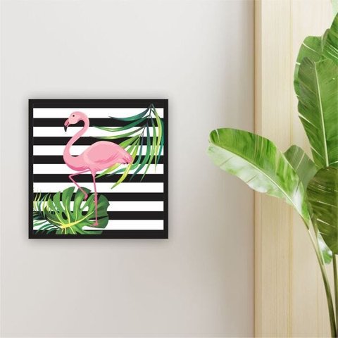 Quadro 25x25cm Folhagem e Flamingo Moldura Vidro