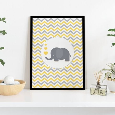 Quadro 40x30 Elefante Cinza Amarelo Moldura Vidro