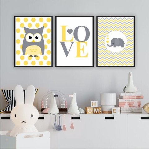 Quadro Infantil Coruja Love Elefante Moldura Preta