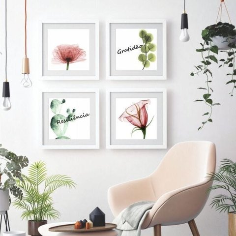 Quadro 4Pçs Campanula Rosa Folhas Cacto Vidro