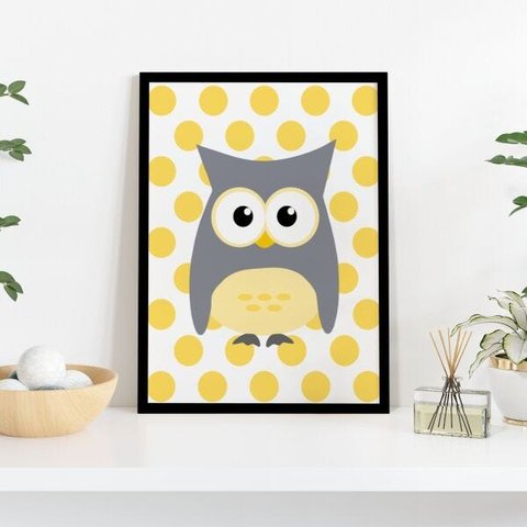 Quadro 40x30cm Coruja Cinza Amarelo Moldura Vidro