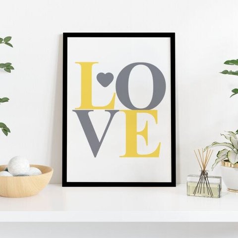 Quadro 40x30cm Love Cinza Amarelo Moldura Preta