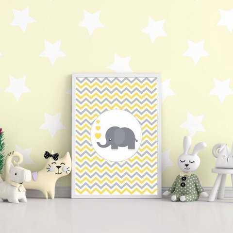 Quadro 40x30cm Elefante Cinza e Amarelo Moldura