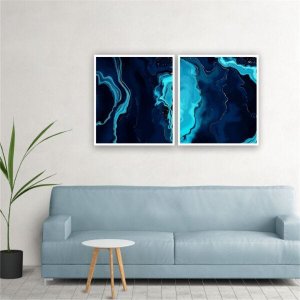 Quadro 90x80cm 2pçs Abstrato Azul Moldura Vidro