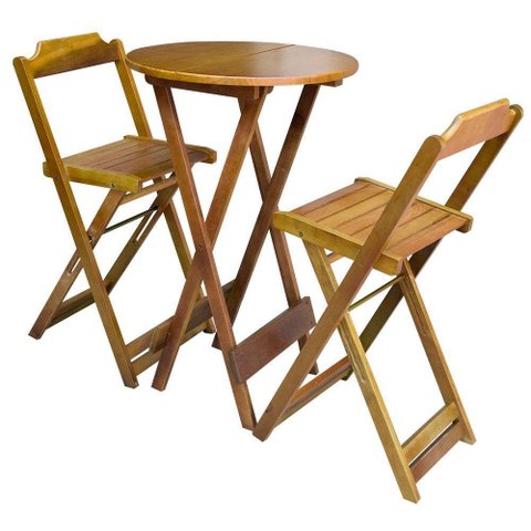 Jogo De Mesa Bistrô Dobrável Em Madeira Padrão Com 2 Banquetas Altas - Mel - Marrom