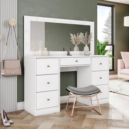 Penteadeira Camarim Escrivaninha Com Espelho LED 7 Gavetas Organizador Multiuso Quarto Branco - 1