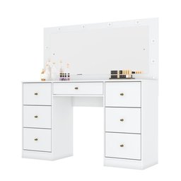 Penteadeira Camarim Escrivaninha Com Espelho LED 7 Gavetas Organizador Multiuso Quarto Branco - 2