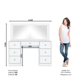 Penteadeira Camarim Escrivaninha Com Espelho LED 7 Gavetas Organizador Multiuso Quarto Branco - 4