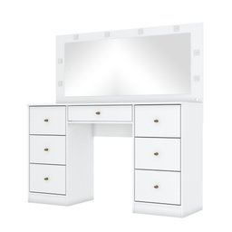 Penteadeira Camarim Escrivaninha Com Espelho LED 7 Gavetas Organizador Multiuso Quarto Branco - 3