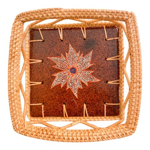 Bandeja Quadrada Rattan e Ceramica Floral de Bali