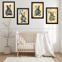 Kit 4 Quadros Quarto Bebê Ursos Vintage 24x18cm - com Vidro:moldura Preta - 1