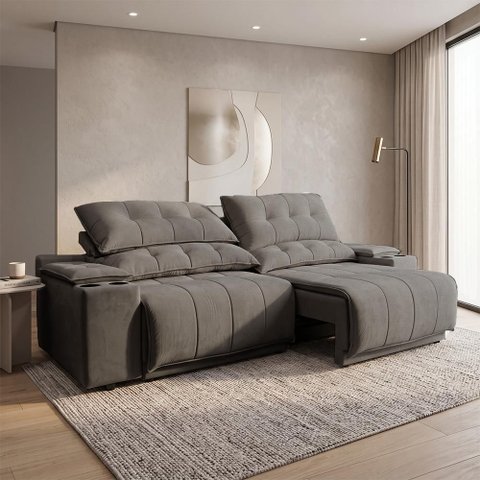 Sofá com Porta Copos Carregador USB Ret Rec Arizona 2,00m Velosuede - Netsofas - Cinza