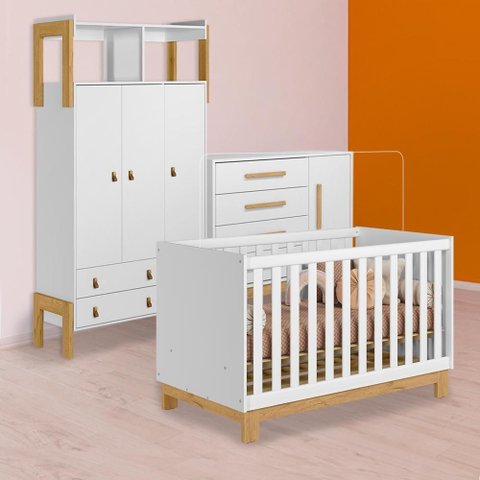 Conjunto Berço Mini Cama Slim, Cômoda Sapateira Slim e Guarda Roupa C/nicho Branco