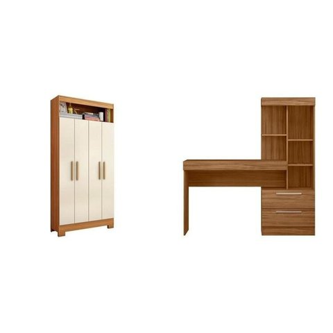 Conjunto 2 Peças com Mesa Escrivaninha e Armário 4 Portas com Nicho Freijó