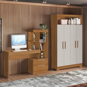 Kit 2 Peças com Mesa Escrivaninha e Armário 4 Portas com Nicho