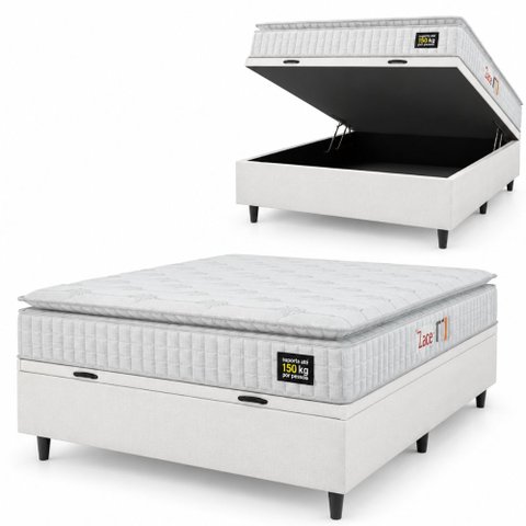 Cama Box Baú Colchão Casal Espuma D45 Lazio Pillow Top 138x188x70cm Linho Branco Hellen