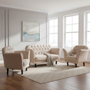Ver imagem 1 de Kit Namoradeira + 2 Poltronas Decorativa Dália Suede Bege Pés Madeira Mz Decor