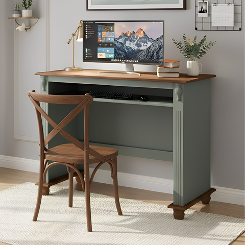 Escrivaninha de Madeira com Porta Teclado e Pés Torneados - Verde Menta com Tampo e Base Imbuia