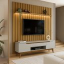 Ver imagem 1 de Rack com Painel Ripado Retrô com LED MDF 177CMX218CM Pés em Madeira Maciça London Tóquio com Gaveta e Portas