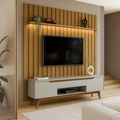 Rack com Painel Ripado Retrô com LED MDF 177CMX218CM Pés em Madeira Maciça London Tóquio com Gaveta e Portas