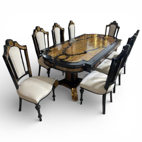 Mesa de Jantar Imperial Preta + 8 Cadeiras de Jantar Imperial com Estofado Clássico Bege 80X220X110C