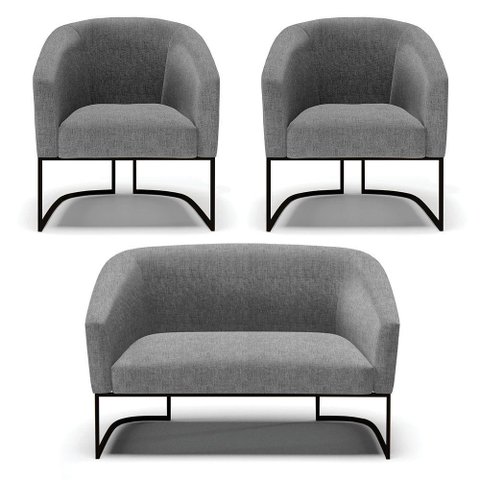 Sofá Namoradeira e 2 Poltronas Base Industrial Preto Stella Linho D03 - D'Rossi Cor A26 Gafite