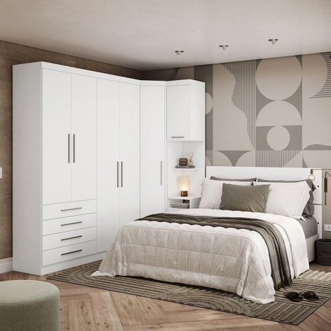 Quarto Composto Alpes 6 Portas 5 Gavetas MDP 134,50cm Branco com Guarda Roupa e Cabeceira Luciane