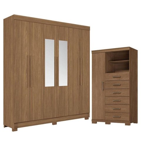 Guarda Roupa Casal Toledo 6 Portas de Bater com Espelho e Cômoda 1 Porta 6 Gavetas Jatobá Santos