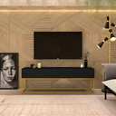 Ver imagem 4 de Rack Eros 140cm com Base Metálica Industrial Minimalista com Gavetas:preto/dourado
