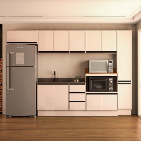 Cozinha Koya 6 Peças 316,8x214cm Armários Aéreos Paneleiro Balcões com Rodapé Creme 250038