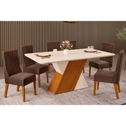 Sala de Jantar Completa Rubi C/ Tampo Madeirado C/ Vidro 170x90cm e 6 Cadeiras Jade Freijo/off White