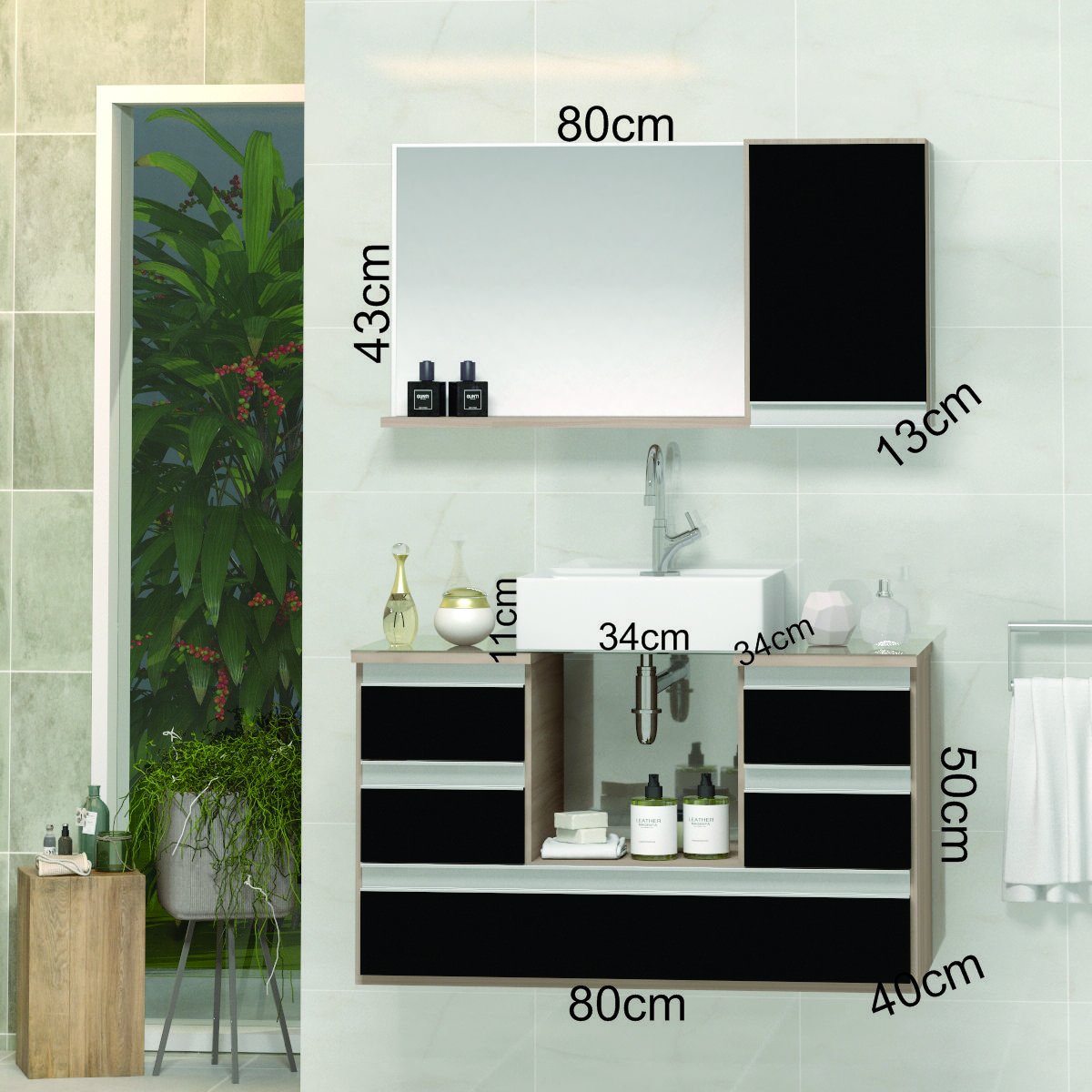 Conjunto Gabinete Banheiro POLO 80cm Madeirado/Preto- Gabinete + Cuba + Espelheira + Tampo Vidro - 2