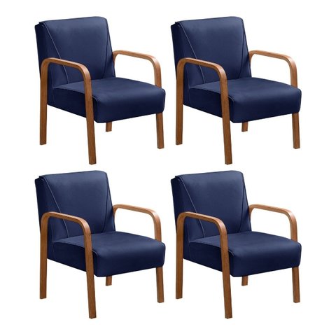 Kit 04 Poltronas Cadeiras Decorativas Anita Para Sala Mesa De Jantar Recepção - Suede Azul Marinho