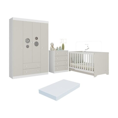 Quarto de Bebê Completo Berço Americano 3 em 1 Colchão Pirulito Multimóveis Mp4633 Branco/off