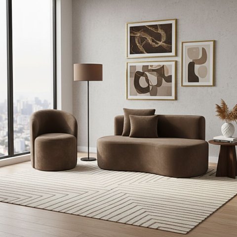 Conjunto 01 Poltrona + Sofá Curvo Orgânico Nature Gaia Veludo Marrom - Montanaris Decor