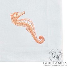 Guardanapo Linho Bordado Cavalo Marinho Coral - 50 x 50 cm - 2