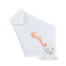 Guardanapo Linho Bordado Cavalo Marinho Coral - 50 x 50 cm - 3