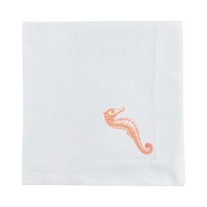 Guardanapo Linho Bordado Cavalo Marinho Coral - 50 x 50 cm