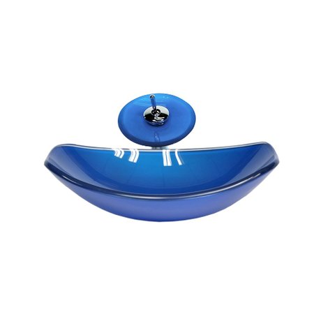 CUBA DE VIDRO OVAL CHANFRADA 46CM AZUL ESCURO + VALVULA + TORNEIRA CASCATA