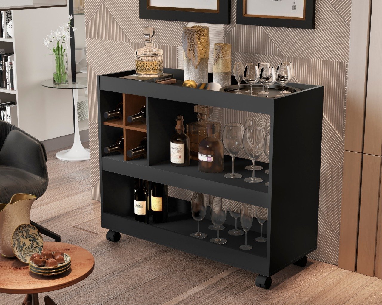 Aparador com Adega Sala Bar Jb 4050 Luxo Preto/nature - Comprar Móveis em Casa - 1