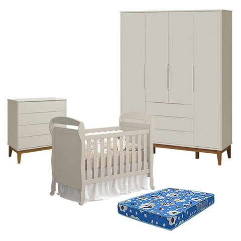 Quarto de Bebê 4 Portas com Cômoda Gaveteiro Elfe Classic e Berço Americano Danny Areia Acetinado Am