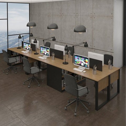 Plataforma de Trabalho 6 Lugares com Divisória e Nichos Marrom/Amendoa