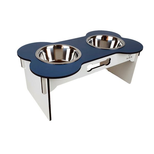 Comedouro Duplo Para Cães Médio e Grande Porte Tigela Inox 780ml Madeira Azul e Branca:12cm - 1