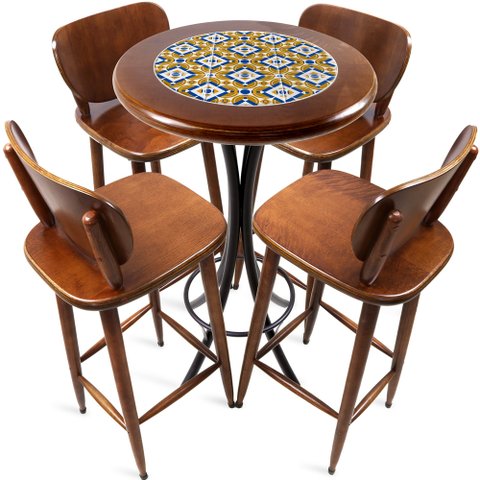 Cj Mesa Madeira Azulejo 60cm - Bistrô Fixa 98cm + 4 Banquetas 73 - Natural - Anos Dourados