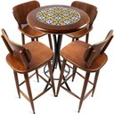 Ver imagem 1 de Cj Mesa Madeira Azulejo 60cm - Bistrô Fixa 98cm + 4 Banquetas 73 - Natural - Anos Dourados