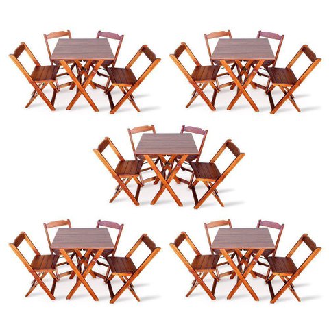 Kit de 5 Conjuntos de Mesa Dobrável 70x70 com 4 Cadeiras Imbuia - Cor: Marrom