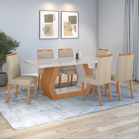 Conjunto Sala de Jantar Mesa Easy Tower 170x90cm Mdf/vidro com 6 Cad Aurea Linho Rinzai Bege Amendoa