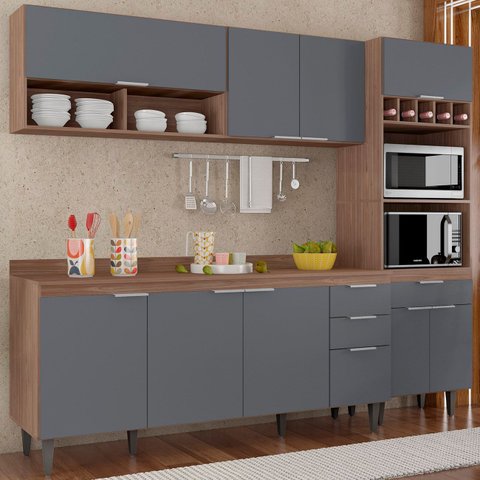 Armário de Cozinha com Tampo Cp02 240cm Pérola Freijó/grafite Z34 - Mpozenato